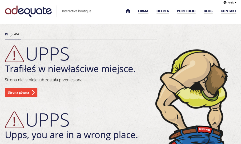 Humorystyczny przykład podstrony błędu 404 na witrynie agencji interaktywnej adequate.pl