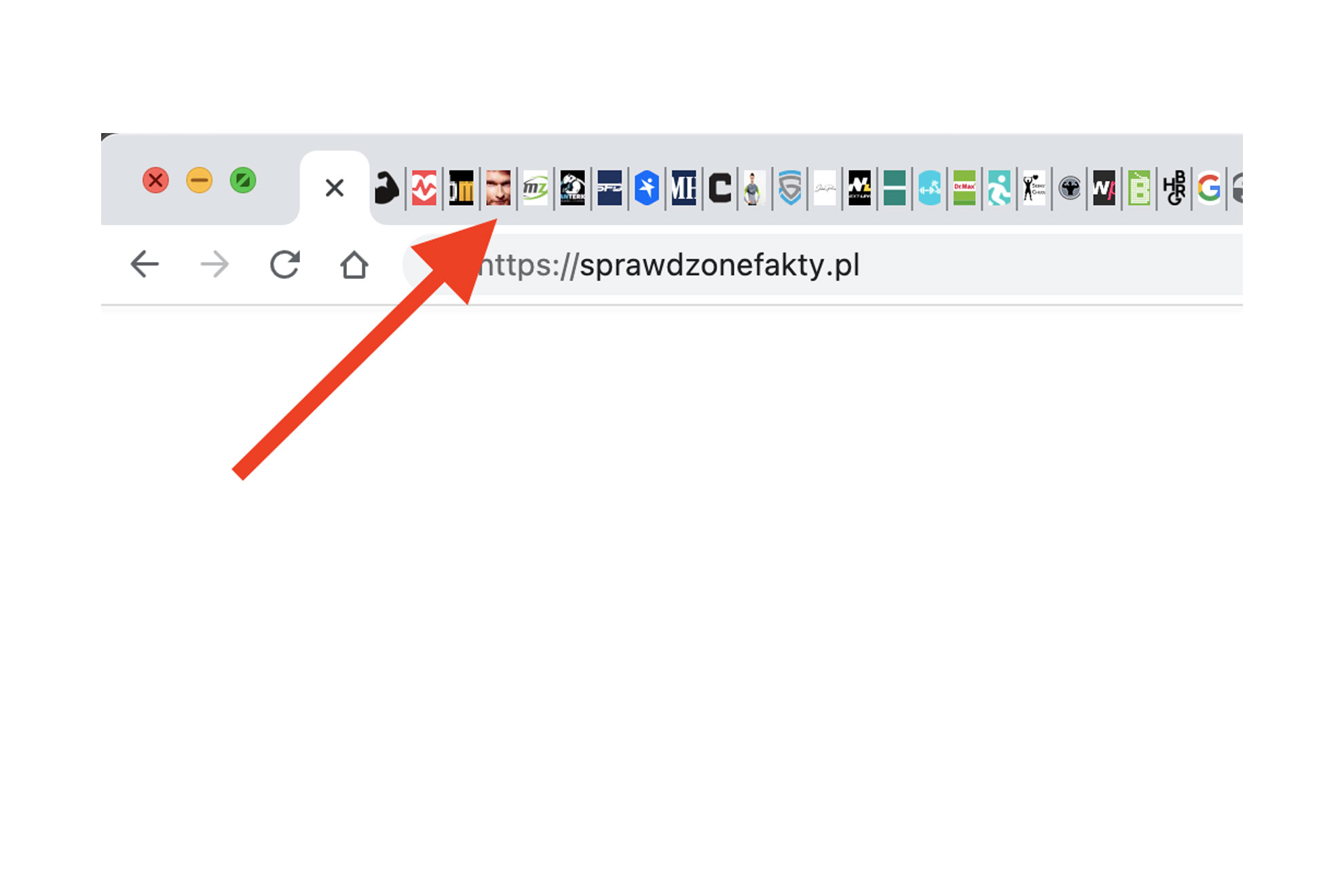 Zrzut ekranu z przeglądarki Chrome z otwartymi tabami z faviconami