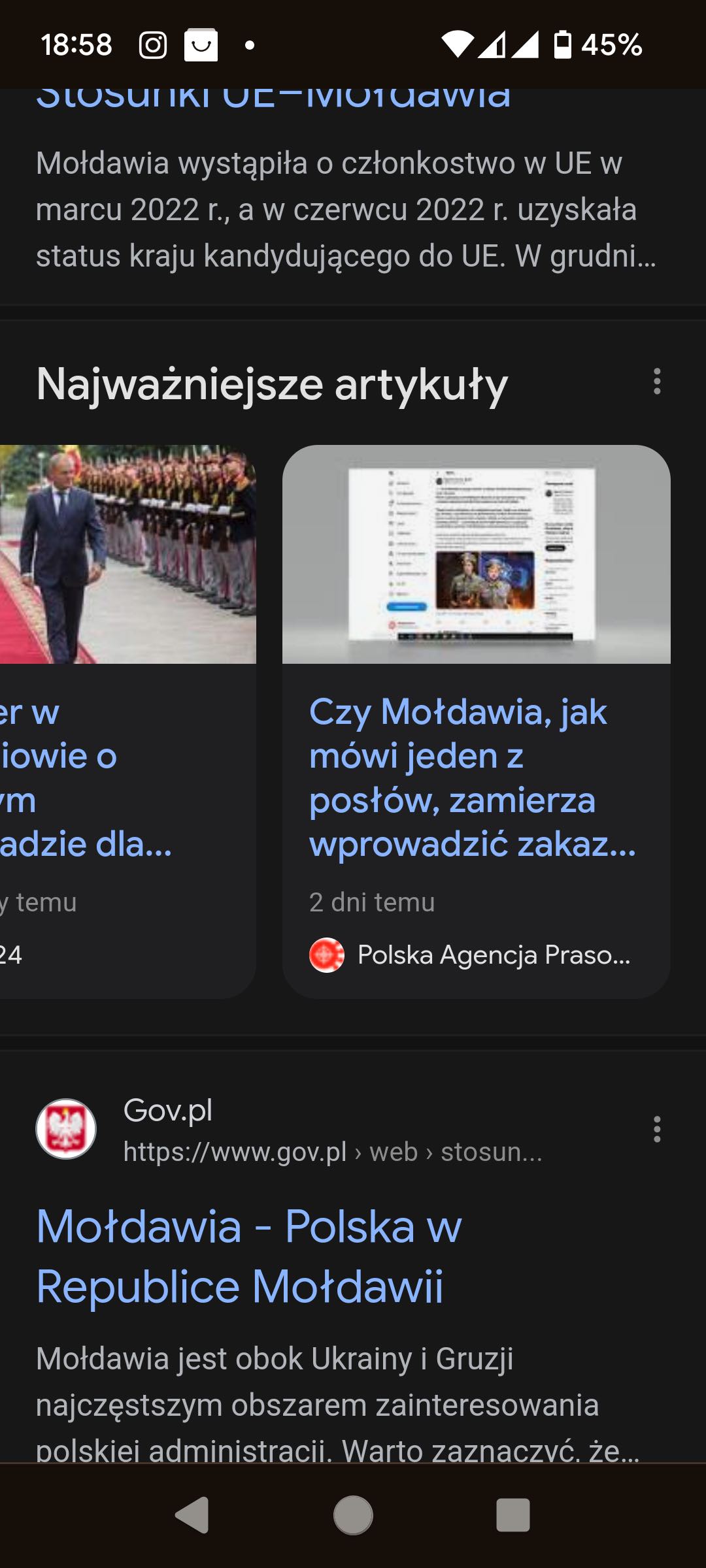 Karuzela newsowa po wpisaniu frazy mołdawia