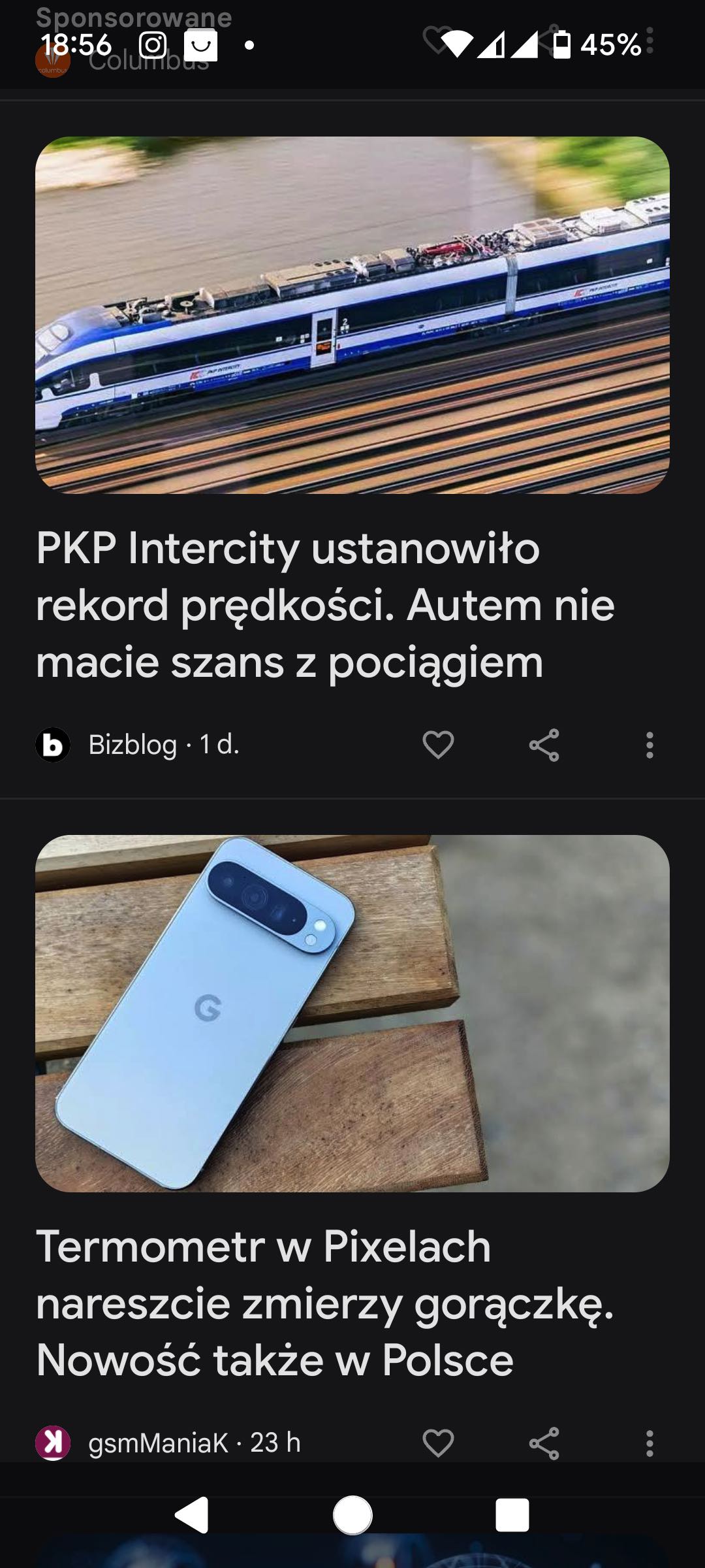 Zrzut ekranu z mojego Google Discover